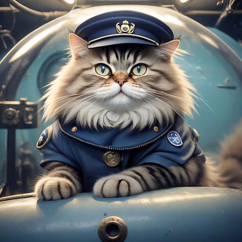  siberian cat in a cap in a submarine