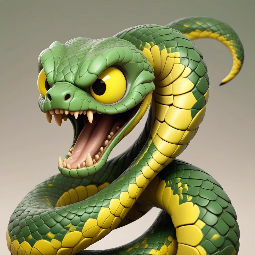  cartoon character in the form of a large curled snake green and yellow with detailed scaly skin and piercing yellow eye, 3d octane number