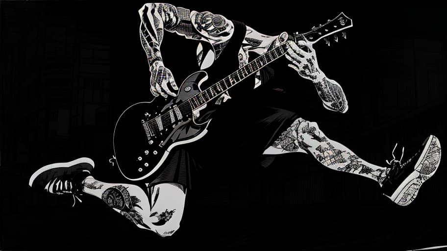  Punk rock artist with a mohawk Liberty spike plays the guitar at a concert floor view, dynamic perspective, wide angle, grunge style, draw, comics art, Sketch, Manga Sketch, Pencil drawing, Black and White, Manga, Manga style, Low detail, Line art, vector art, Monochromatic, by katsuhiro otomo and masamune shirow and studio ghilibi and yukito kishiro hyperrealistic, full body, detailed clothing, highly detailed, cinematic lighting, stunningly beautiful, intricate, sharp focus, f/1. 8, 85mm, (centered image composition), (professionally color graded), ((bright soft diffused light)), volumetric fog, trending on instagram, trending on tumblr, HDR 4K, 8K
