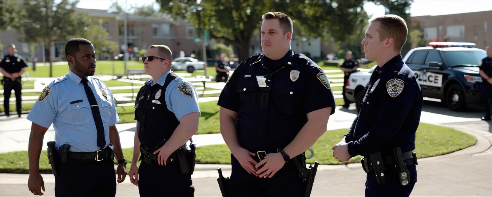  a person standing near police standing next to each other