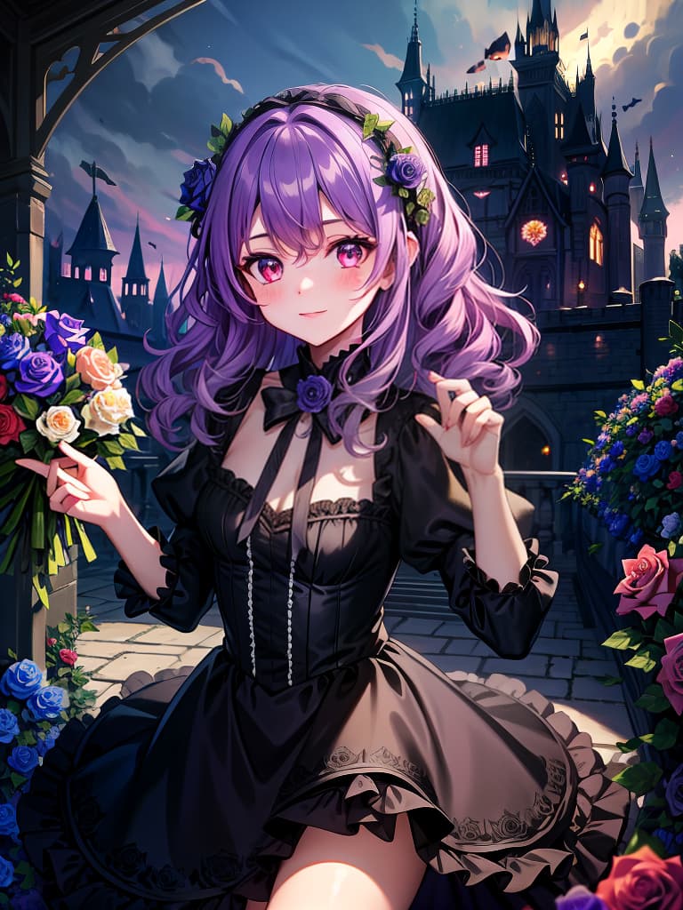  (masterpiece,top quality,ultra detailed:1.2),(dark lighting,deep shadow),(dark night,castle,flower garden,rose,dark fantasy:1.5),(madeon) break solo,girl,kawaii,cute,smile,(girly makeup),(curly hair:1.5),((pastel purple hair)),red eyes,fairies dress,(a butterfly glittering and flying around).