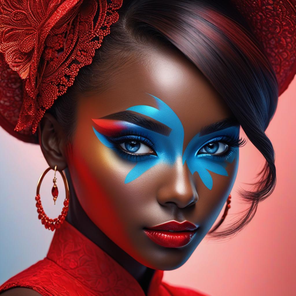  1 woman, black eyes, blue eye, red dress: dark skin photo realistic, highly intricate and detailed, masterpiece, ultra high res,photography,8k resolution