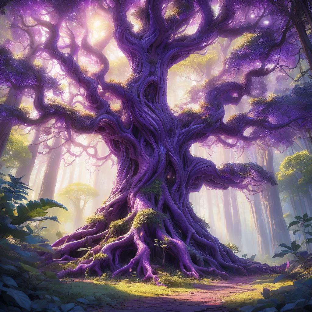  purple tree, (vibrant colors), majestic structure, surreal atmosphere, whimsical background, soft ethereal glow, enchanting forest surroundings, intricate foliage, high contrast shadows, peaceful and magical ambiance, intricate bark texture, every detail standing out, (ultra detailed), mystical vibes, dappled sunlight filtering through leaves, captivating natural beauty.