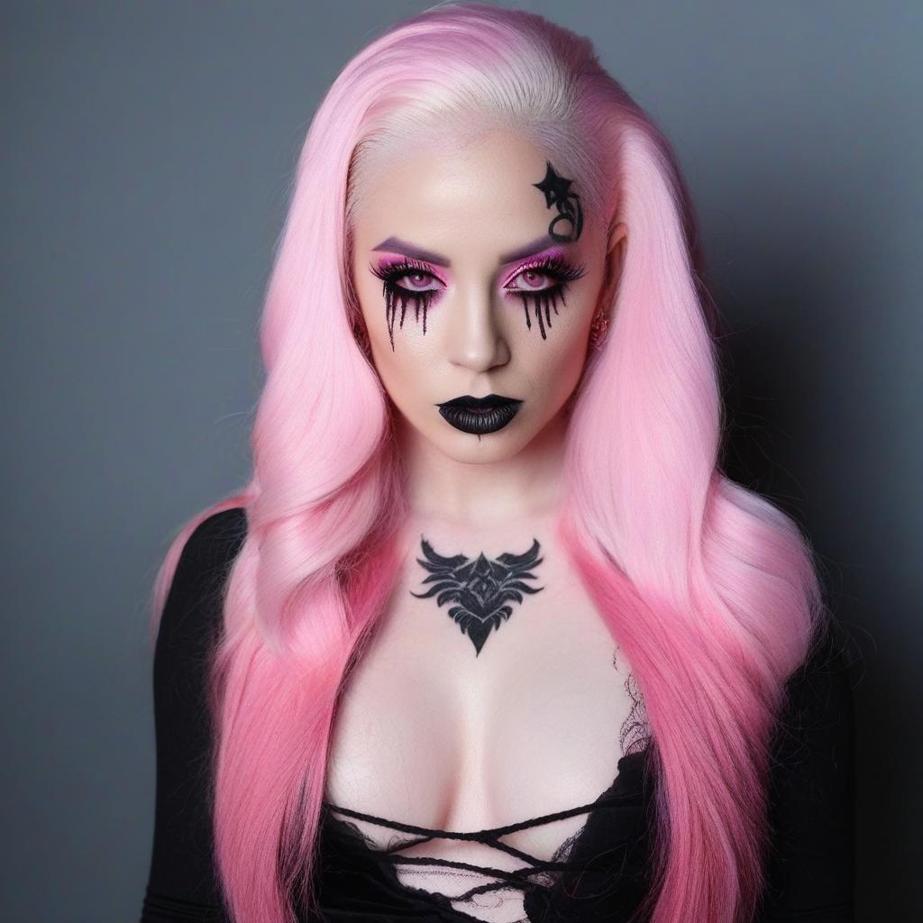  4 age women,full body shot ,full body portrait horrifying scary pale long pink hair ,full white eyes, black lips, black dripping eyeshadow tattoos,in pink cotton with pink trim