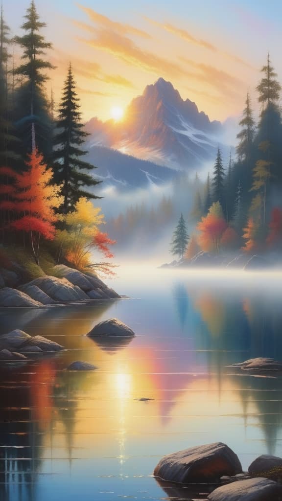  a breathtaking sunrise over a serene mountain lake, with vibrant colors reflecting off the water and mist gently rising