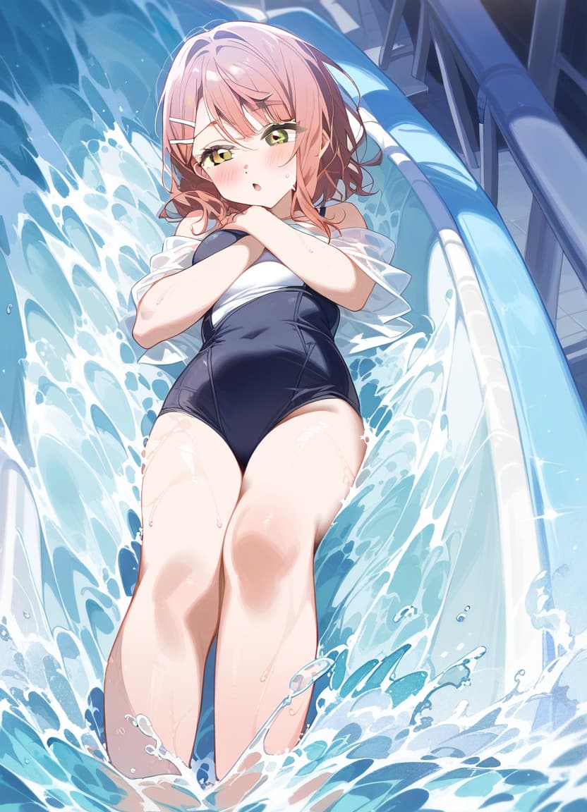  1, uehara ayumu, love live nijigasaki high idol club, sliding down a water slide, water slide, compeion , masterpiece, best quality, very aesthetic, absurdres, feet out of frame . best quality, high resolution