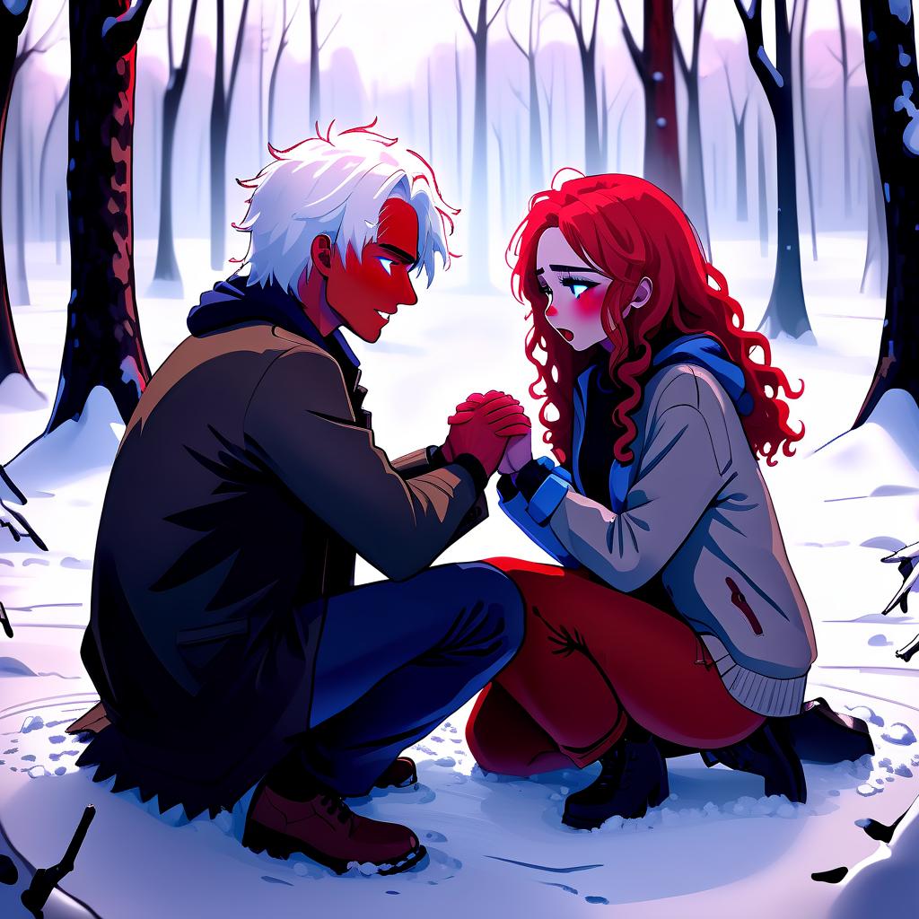  two people in the picture. a guy with a girl on the background of a snowy forest. the picture should feel tension, fear. they sit on their knees and look at each other. the girl holds his hands and cries. their hands are stained in red. the guy has white hair and blue eyes, dark eyebrows. the girl has red curly hair, brown eyes.