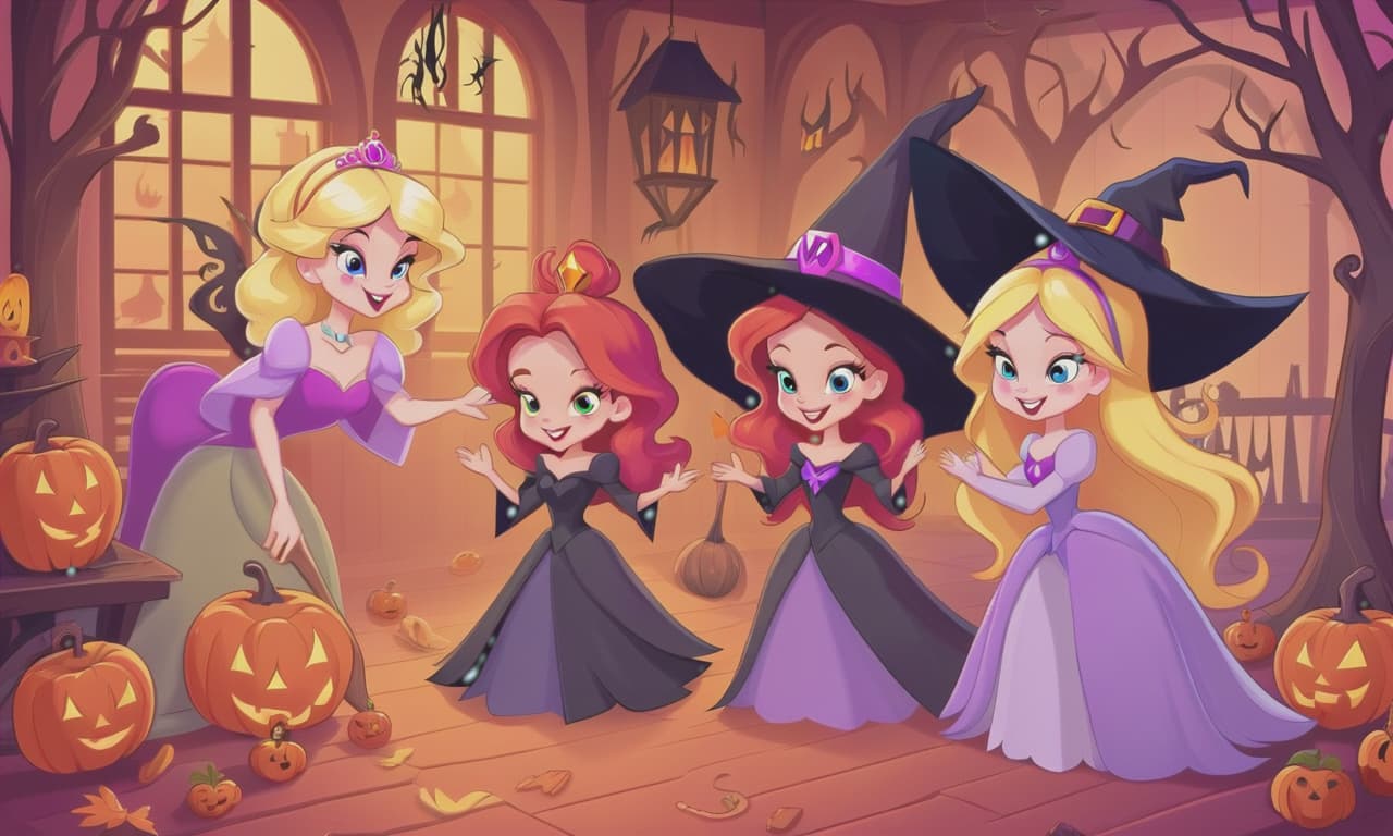  cartoon princesses playing with witches