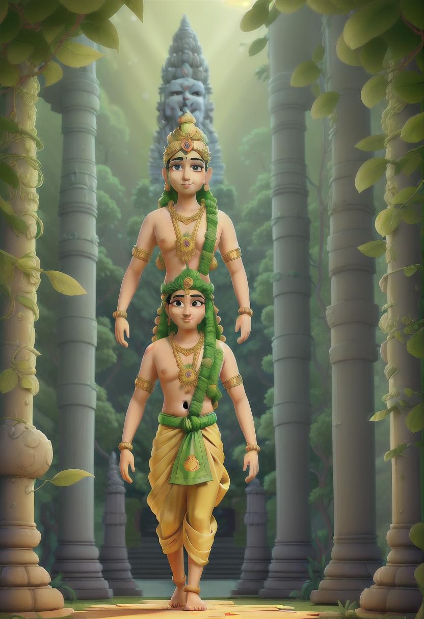  an animated depiction of lord venkateswara in a divine, serene landscape. he is shown walking towards the tirumala hills, with lush greenery, ethereal light, and the temple in the background, blending realism with a cartoonish style. the deity is calm yet majestic, dressed in traditional attire with golden ornaments."