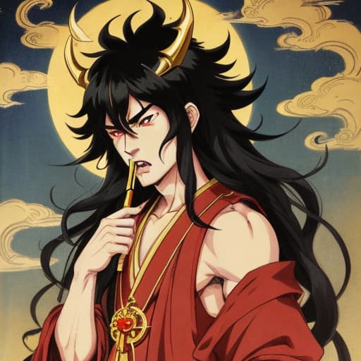  Fudo Myoo wears a vestment with his chest bare and his lower body covered by a vestment. He has long hair with a permed head, a long trident in his right hand, a five-colored cord in his left hand, and fangs protruding from his mouth with an angry expression on his face. He looks cool. Male Retro
