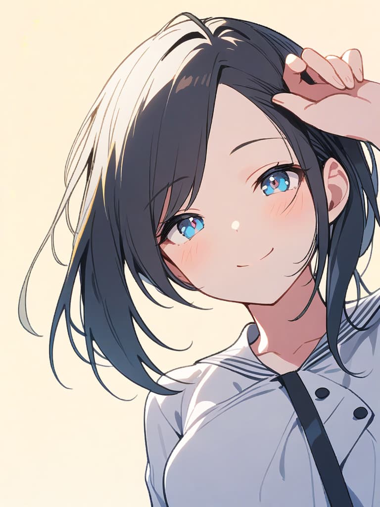  ultra detailed:1.2,masterpiece:1.2,best quality,masterpiece,bestquality,hdr:1.1,8k:1.1,very cute girl:1.3,(((off center part hair,three seven hair parting:1.9)))(short hair:1.1),(forehead:1.4),((from front:1.5)),(upper body:1.2)(face focus:1.2),(white sailor sundress:1.2)(smile:1.3)(light yellow background color:1.6)(black hair:1.1,blue eyes:1.1)(looking viewer:1.3)