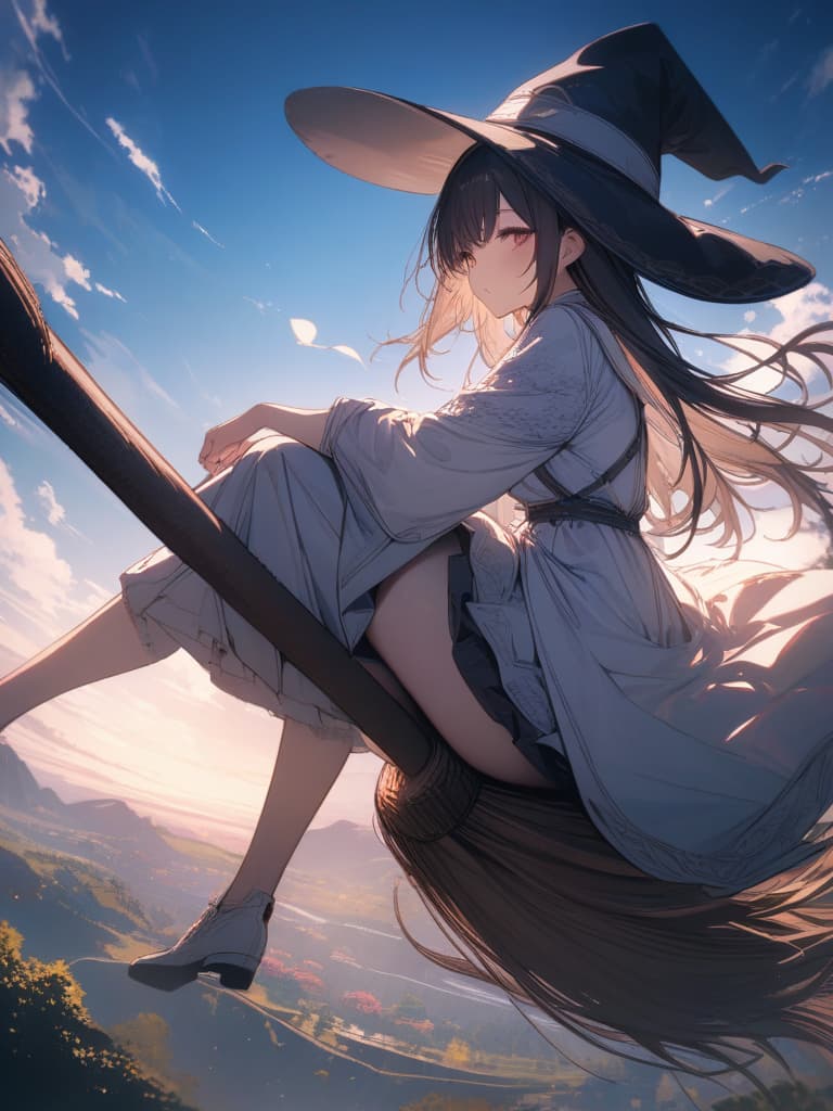  witch, girl, hat, hair fluttering, flying in the sky, sitting on a broom, sitting on it, on a broom, masterpiece, best quality,8k,ultra detailed,high resolution,an extremely delicate and beautiful,hyper detail