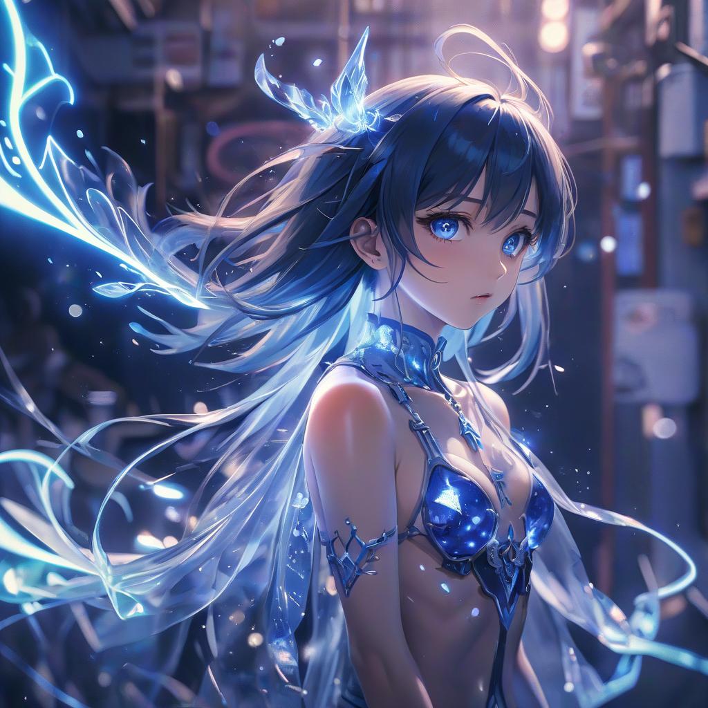  anime artwork transparent blue beautiful in a split . anime style, key visual, vint, studio anime, highly detailed, hkmagic, glowneon