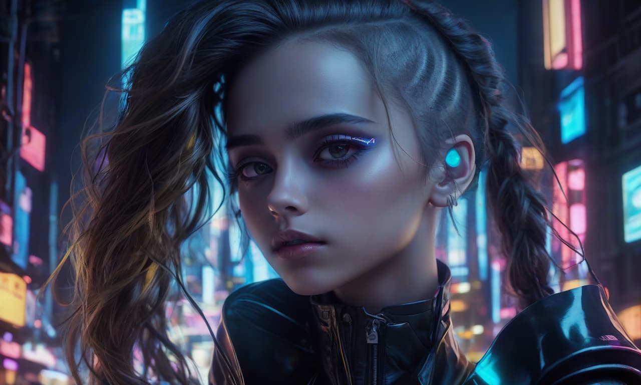  1 girl, of gabriela, black ribbon design, dutch angle, detailed hair, detailed facial features, detailedeyes, detailed lips, intricate hairstyle, long flowing hair, cyber punk, neon lights, glowing neon, dark futuristic city, moody lighting, film composition, dynamic camera angle, hight contrast, bright coloured, (best qualityer,4k,8K,high resolution,work of art:1.2),ultra detali,(realisitic,photorealisitic,photo realisitic:1.37)