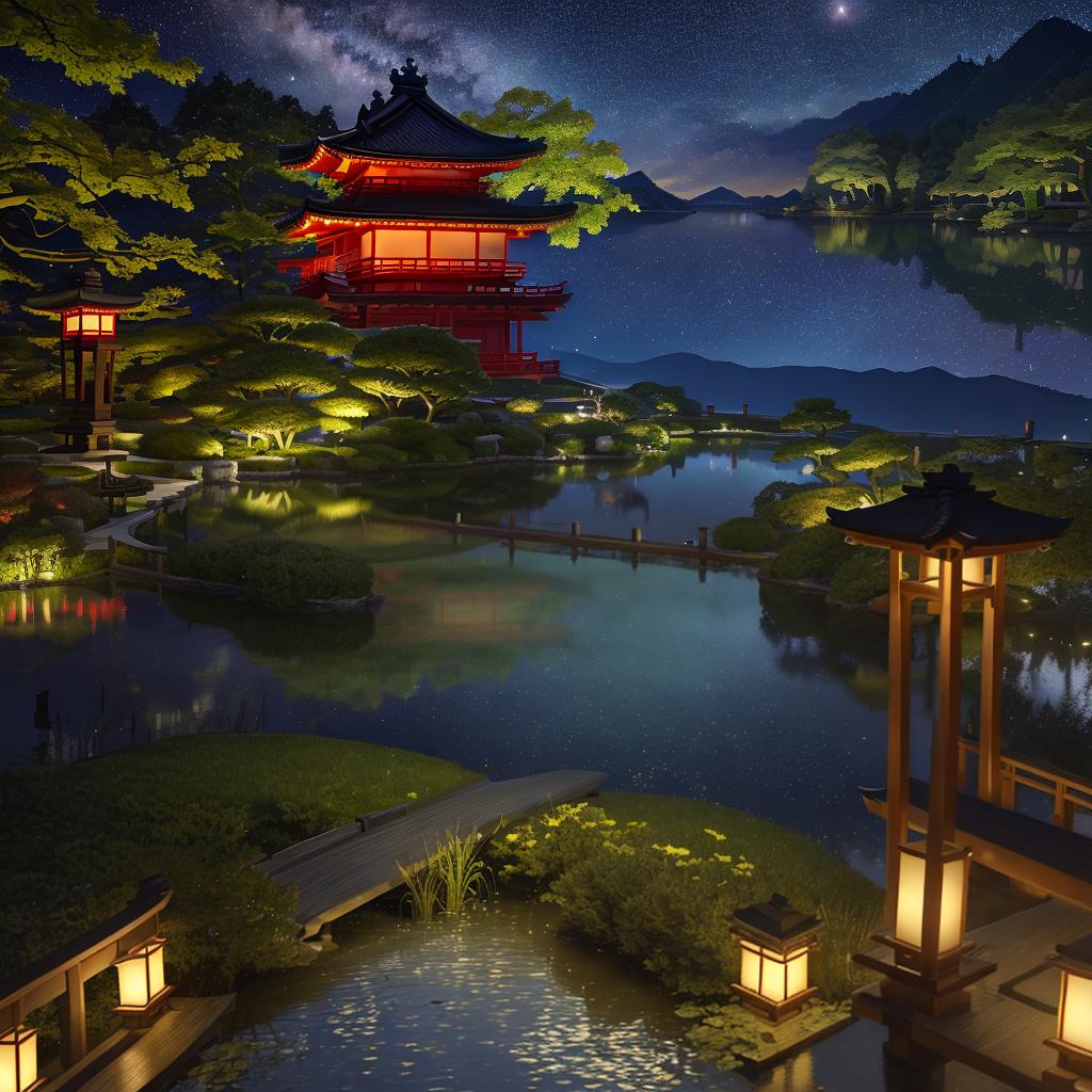  masterpiece, best quality, (Fidelity: 1.4), Best Quality, Masterpiece, Ultra High Resolution, 8k resolution, A night view inspired by Japanese art, featuring a garden illuminated by paper lanterns and a wooden bridge spanning a tranquil lake, by the lakeside, there is a small Zen temple. The water reflects the starry sky.