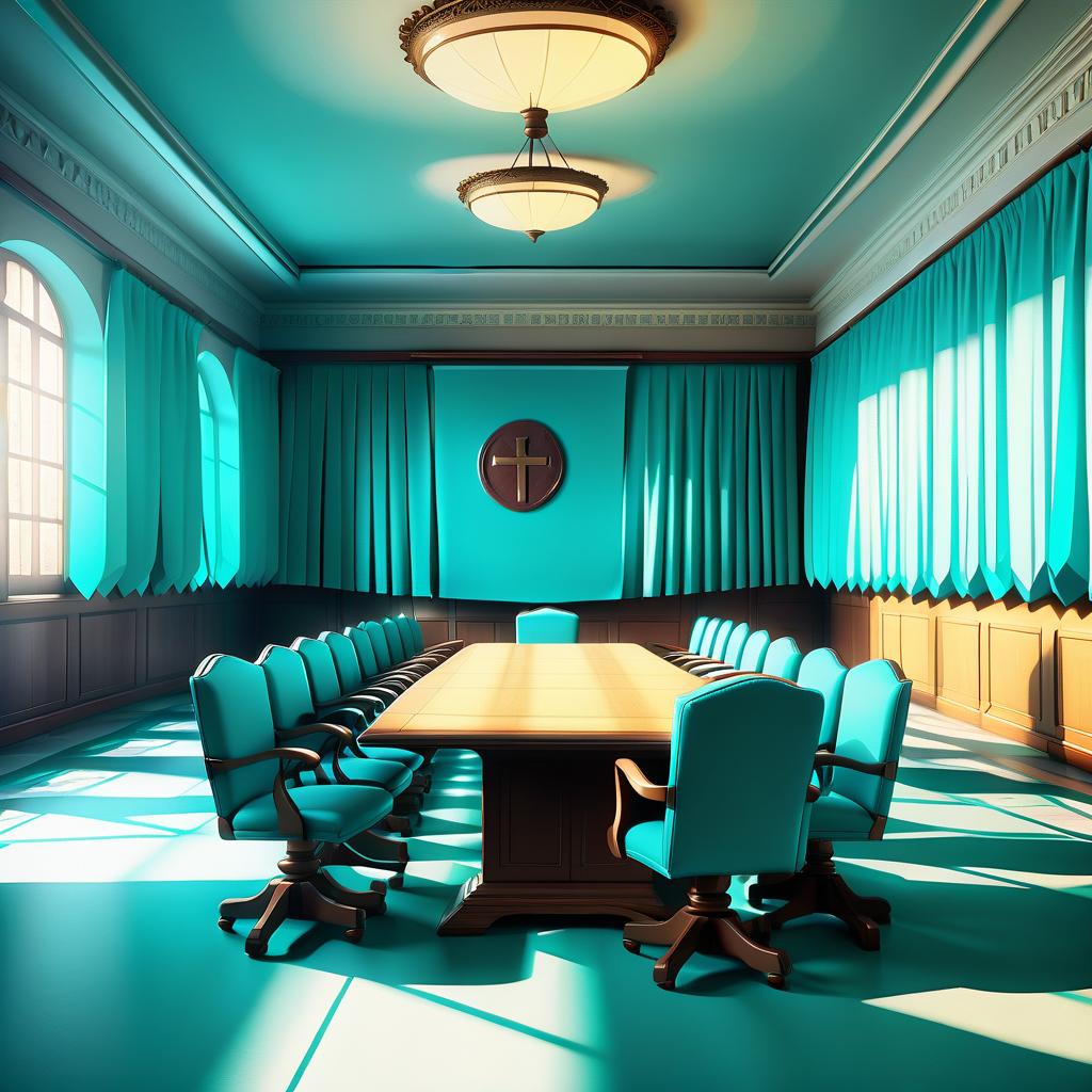  renaissance style a meeting room with empty seats, turquoise flags on walls, парламент (cel shading, vintage anime:1.25) . realistic, perspective, light and shadow, religious or mythological themes, highly detailed