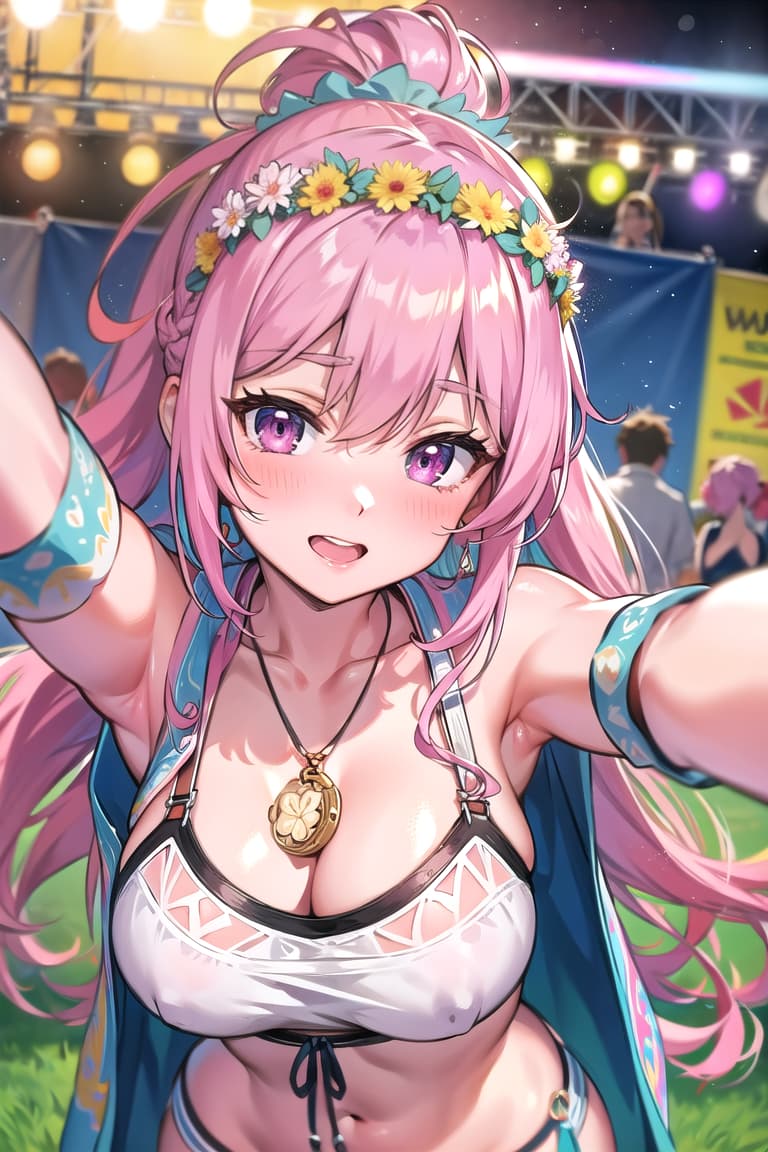  r 18, , middle , ,random situation, pink haired ,ponytail,large eyes,selfie at a music festival, flower crown, boho style