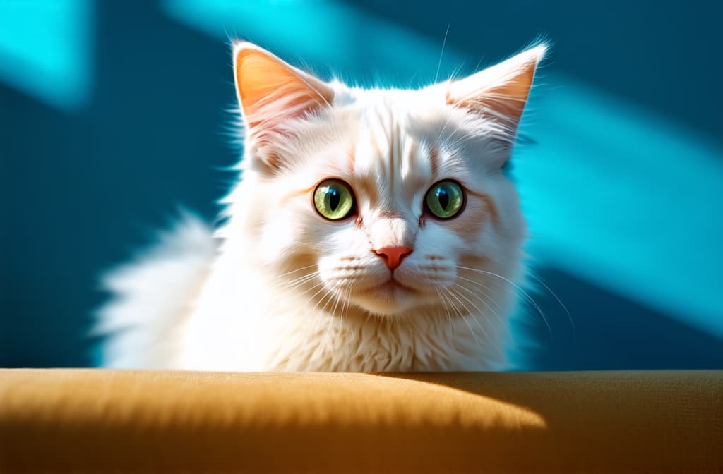  cinematic film style, cute white cat looking at camera, portrait, big green eyes, fluffy fur, blue background, space for text ar 3:2, shallow depth of field, vignette, maximum details, high budget hollywood movie, bokeh, cinemascope, moody, epic, gorgeous, sun rays and shadows on furniture and surfaces, flattering light, raw photo, photography, photorealistic, 8k resolution, f1.4, sharpened focus, sharp focus