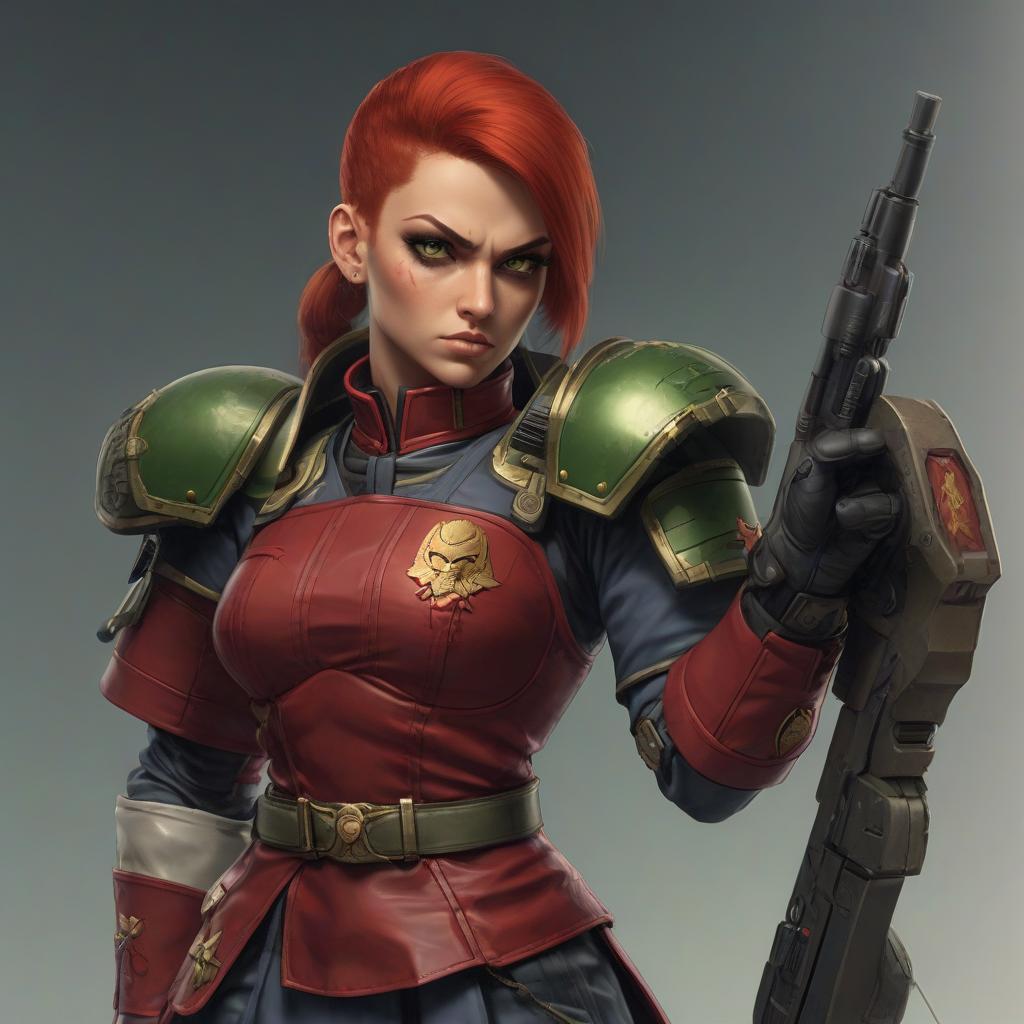  street fighter style a , an imperial guard soldier from warhammer 40,000. she has short, red hair and green eyes . vint, dynamic, arcade, 2d fighting game, highly detailed, reminiscent of street fighter series