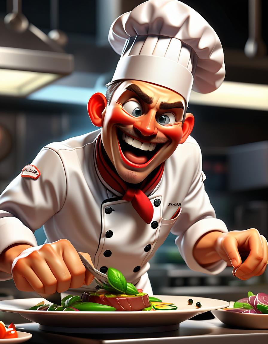  fighting game style a smiling chef plating a dish, carefully placing a garnish on top of a mouthwatering meal. . dynamic, vibrant, action packed, detailed character design, reminiscent of fighting video games