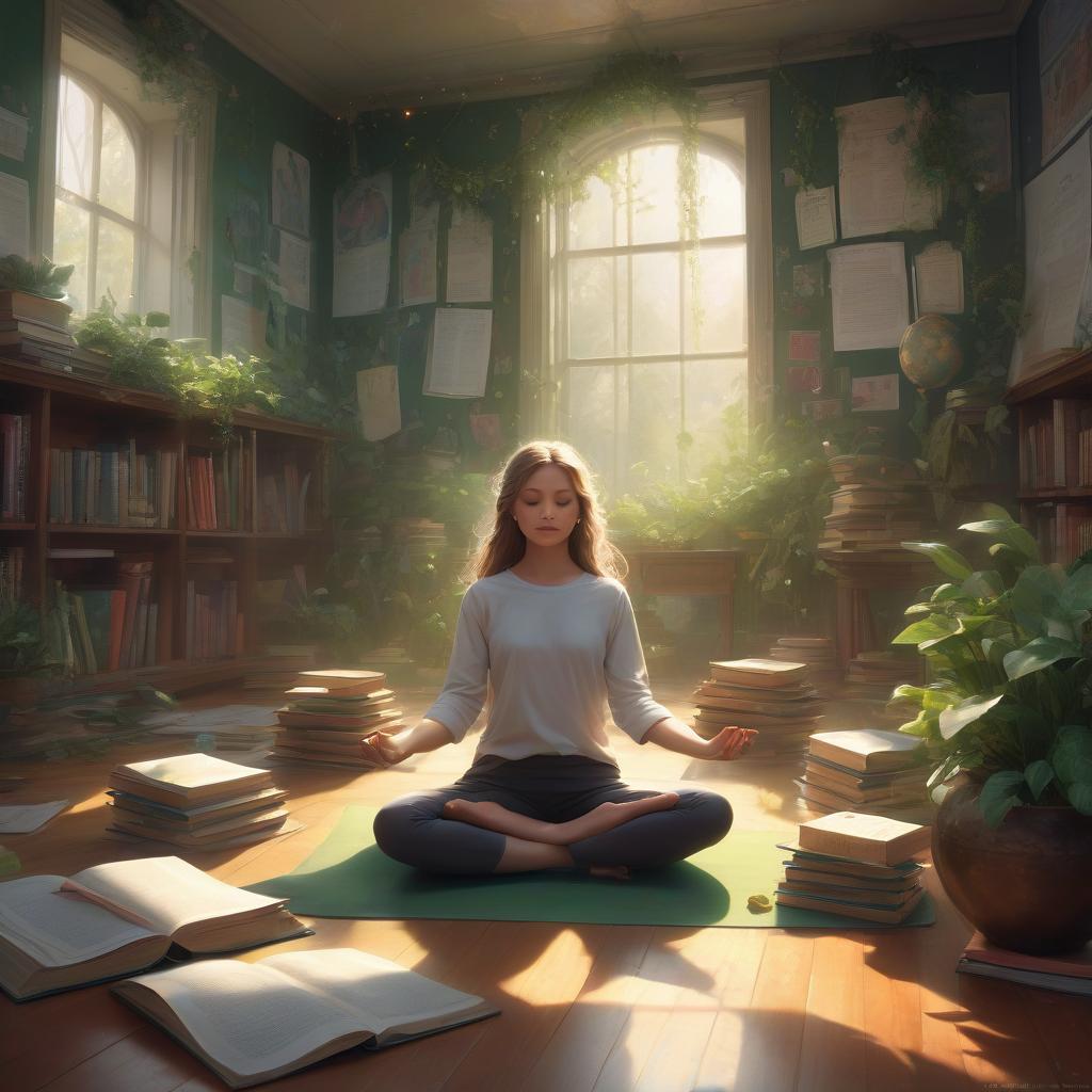  ethereal fantasy concept art of the classroom, the girl on the yoga mat, there are posters on the walls with wise tips for a healthy lifestyle, and greenery. there are carelessly scattered books on nutrition on the floor. . magnificent, celestial, ethereal, painterly, epic, majestic, magical, fantasy art, cover art, dreamy