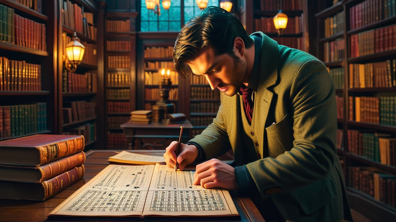  a whimsical library filled with intricate puzzles, a scholar in a tweed jacket examining a giant crossword, surrounded by ancient books, mysterious artifacts, and a glowing puzzle box, all under warm, inviting light. hyperrealistic, full body, detailed clothing, highly detailed, cinematic lighting, stunningly beautiful, intricate, sharp focus, f/1. 8, 85mm, (centered image composition), (professionally color graded), ((bright soft diffused light)), volumetric fog, trending on instagram, trending on tumblr, HDR 4K, 8K