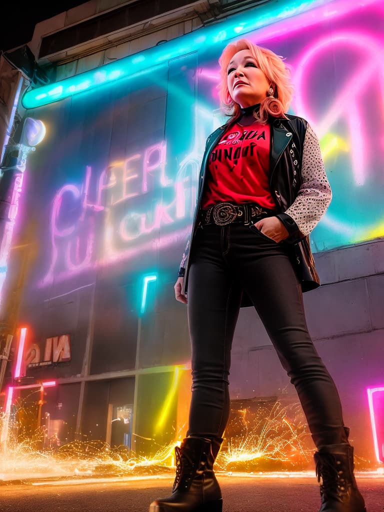  A younger country singer Tanya Tucker, medium shot, upper body, spotlight, long exposure lighting, street art style spray paint, glamour lighting