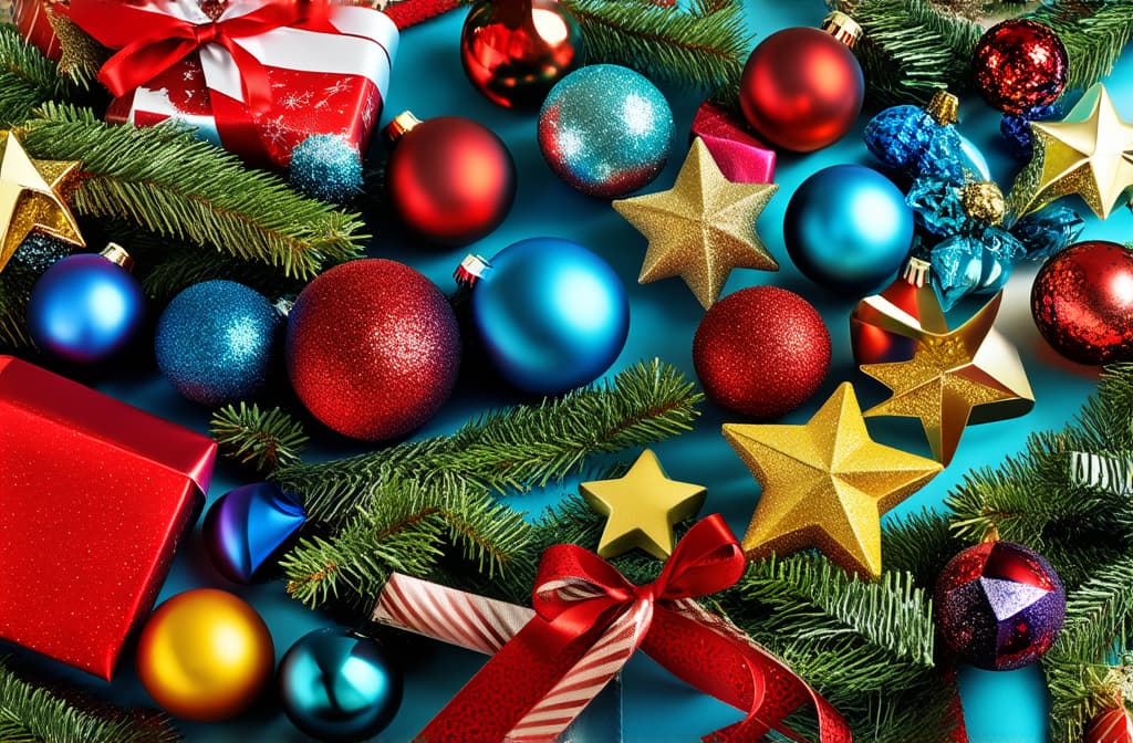  professional detailed photography, festive background filled with colorful gifts, baubles, ribbons, and stars, festive, background, gifts, baubles ar 3:2, (muted colors, dim colors, soothing tones), (vsco:0.3)