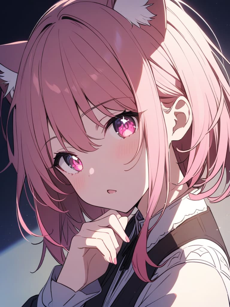  ((beautiful,pretty girl,cat ears,bun hair,cute,sparkly eyes,pink eyes,omega shaped mouth,bob hair,cat ears,pink hair,resting chin on hand))、ultra detailed,best shadow,cute and beautiful face,(masterpiece:1.2),(best quality:1.2),detailed background,high contrast,(best illumination,an extremely delicate and beautiful),((cinematic light)),hyper detail,dramatic light,intricate details,8k,anime,very aesthetic