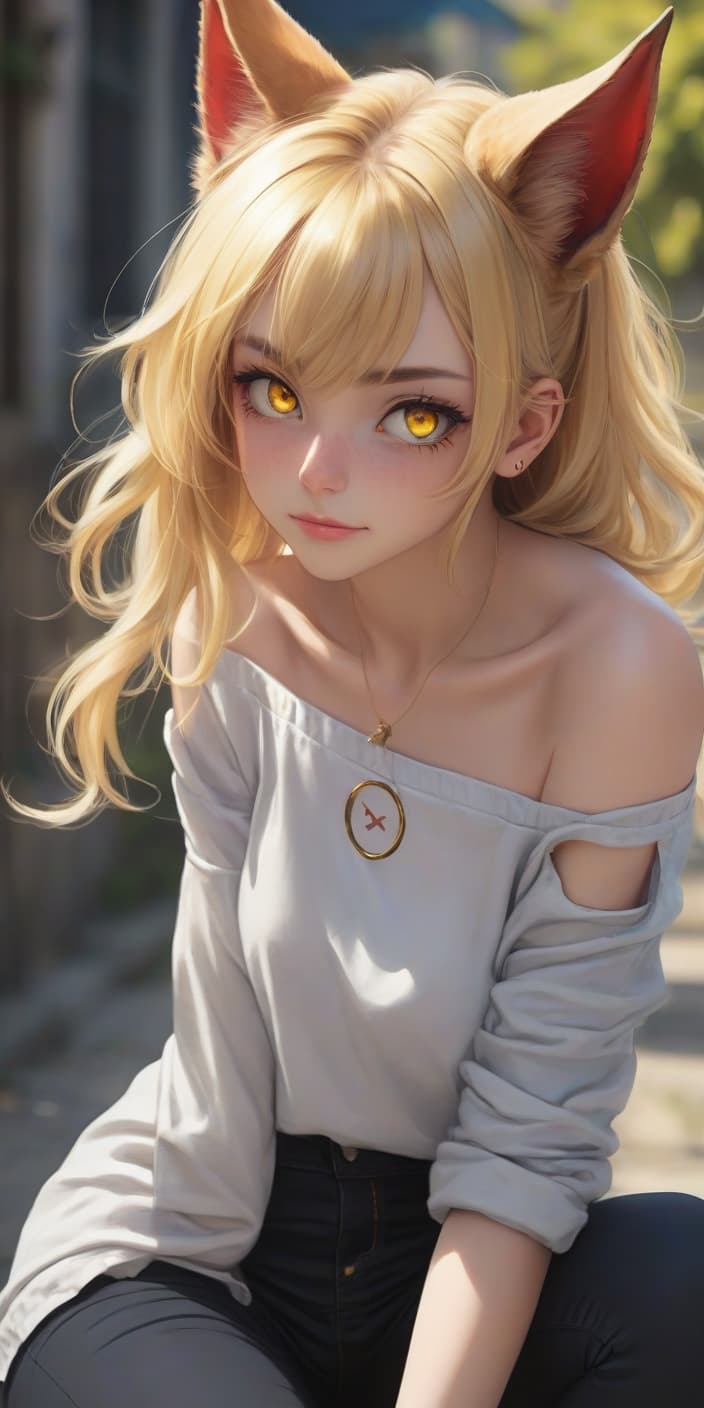  anime artwork masterpiece, highly detailed, best quality, extra high resolution, 1girl, horns, hairlong, looking a viewer, average s,, en plein air, power (aw man), day, blusher, smile, blue jacket, pants, horns demon, yellow eyes, cross shaped pupils, shirt, hair between the eyes, black pants, (off the shoulder:1.3), (partially unoned:1.2), white shirt ultra transparent, aw man energy, two red sharp horns on the head, ultra sharp image, ultra beautiful, . hairlong, blonde woman, beautiful figure, taut clothes, t shirt with the image of a cat, jean shorts, shoes, bright yellow eyes, red crosses and circles instead of pupils, handsome body, clothes, beautiful eyes, very detailed eyes, very detailed fac