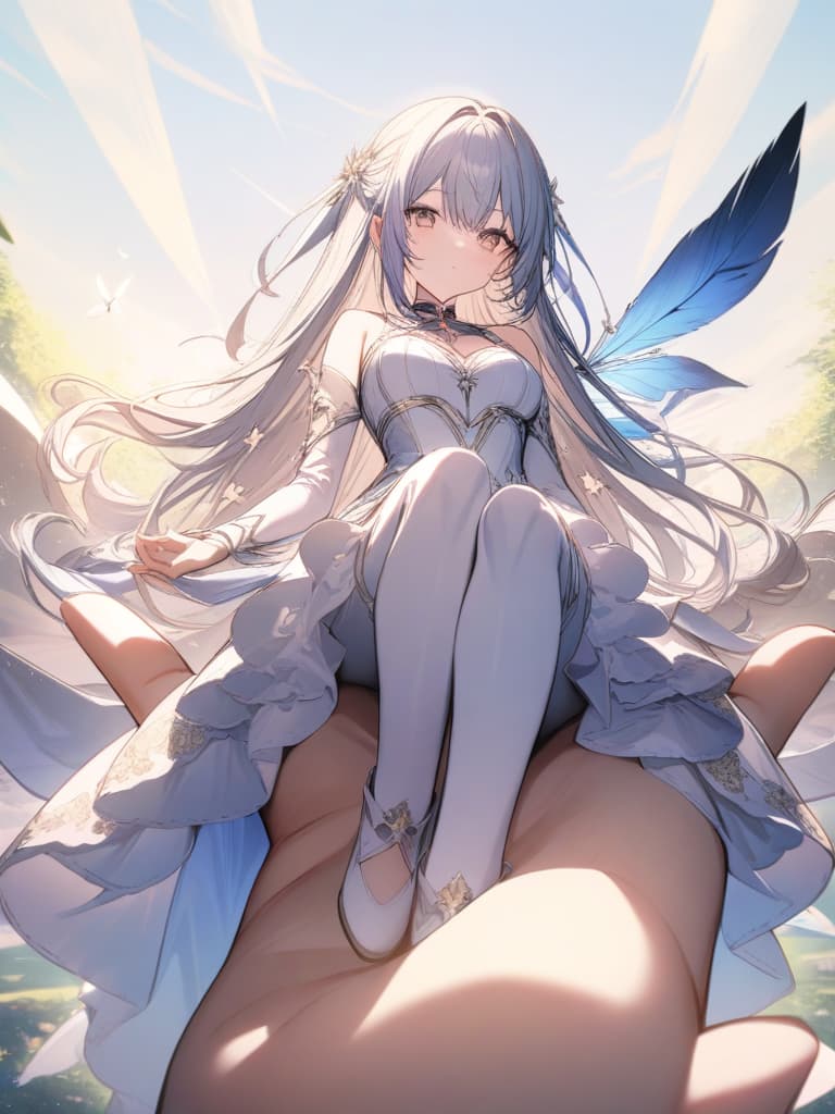  girl, fairy, small, feather, riding on palms, sparkling wings, sparkling, sitting on the hand, masterpiece, best quality,8k,ultra detailed,high resolution,an extremely delicate and beautiful,hyper detail