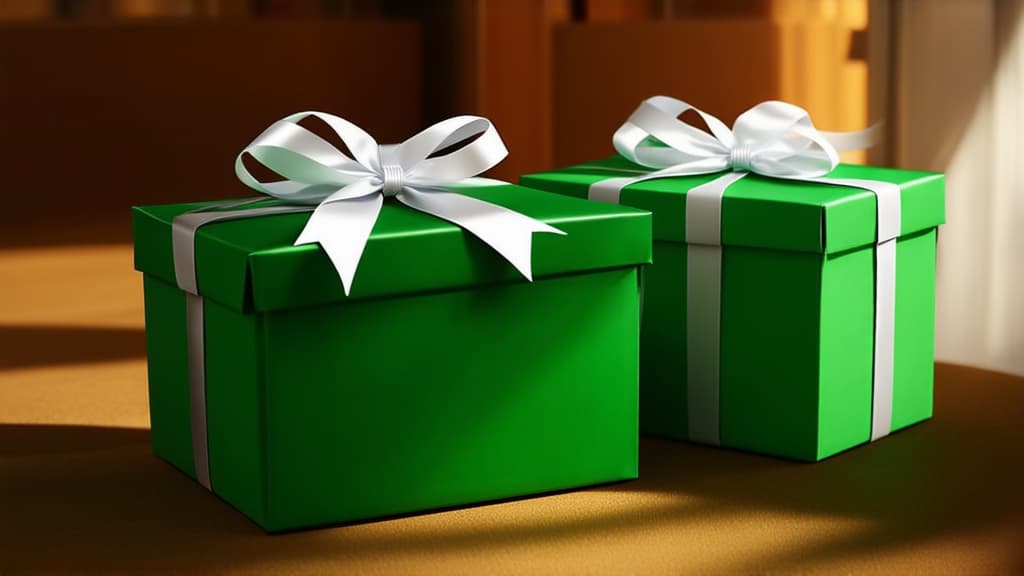  cinematic film style, green gift boxes with white ribbons on the background of a room with a modern interior, holiday, gifts ar 16:9, shallow depth of field, vignette, maximum details, high budget hollywood movie, bokeh, cinemascope, moody, epic, gorgeous, sun rays and shadows on furniture and surfaces, flattering light, raw photo, photography, photorealistic, 8k resolution, f1.4, sharpened focus, sharp focus