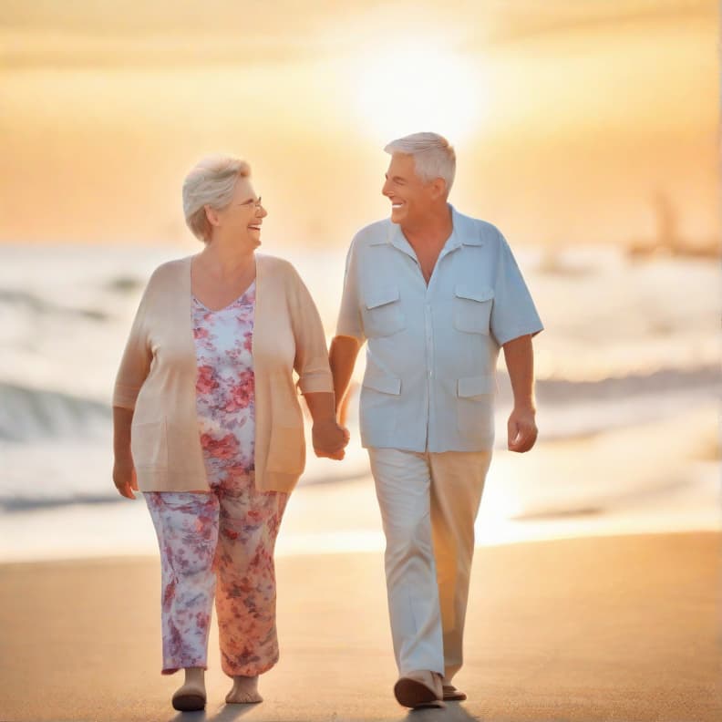  a happy, retired couple enjoying a sunset walk on the beach or in a beautiful park setting, symbolizing financial freedom and a relaxed lifestyle.