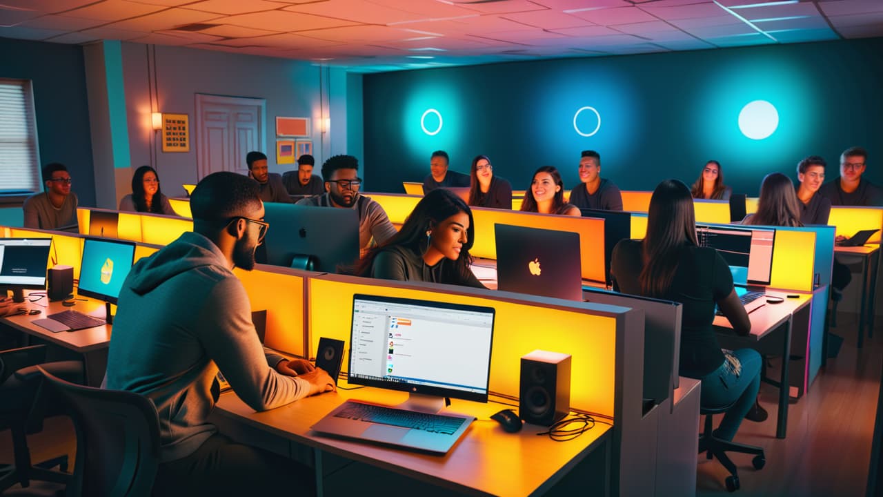  a diverse group of students engaged in online learning, each in their own cozy study space, with laptops open, bright screens illuminating faces, and colorful stationery scattered around, conveying focus and collaboration. hyperrealistic, full body, detailed clothing, highly detailed, cinematic lighting, stunningly beautiful, intricate, sharp focus, f/1. 8, 85mm, (centered image composition), (professionally color graded), ((bright soft diffused light)), volumetric fog, trending on instagram, trending on tumblr, HDR 4K, 8K