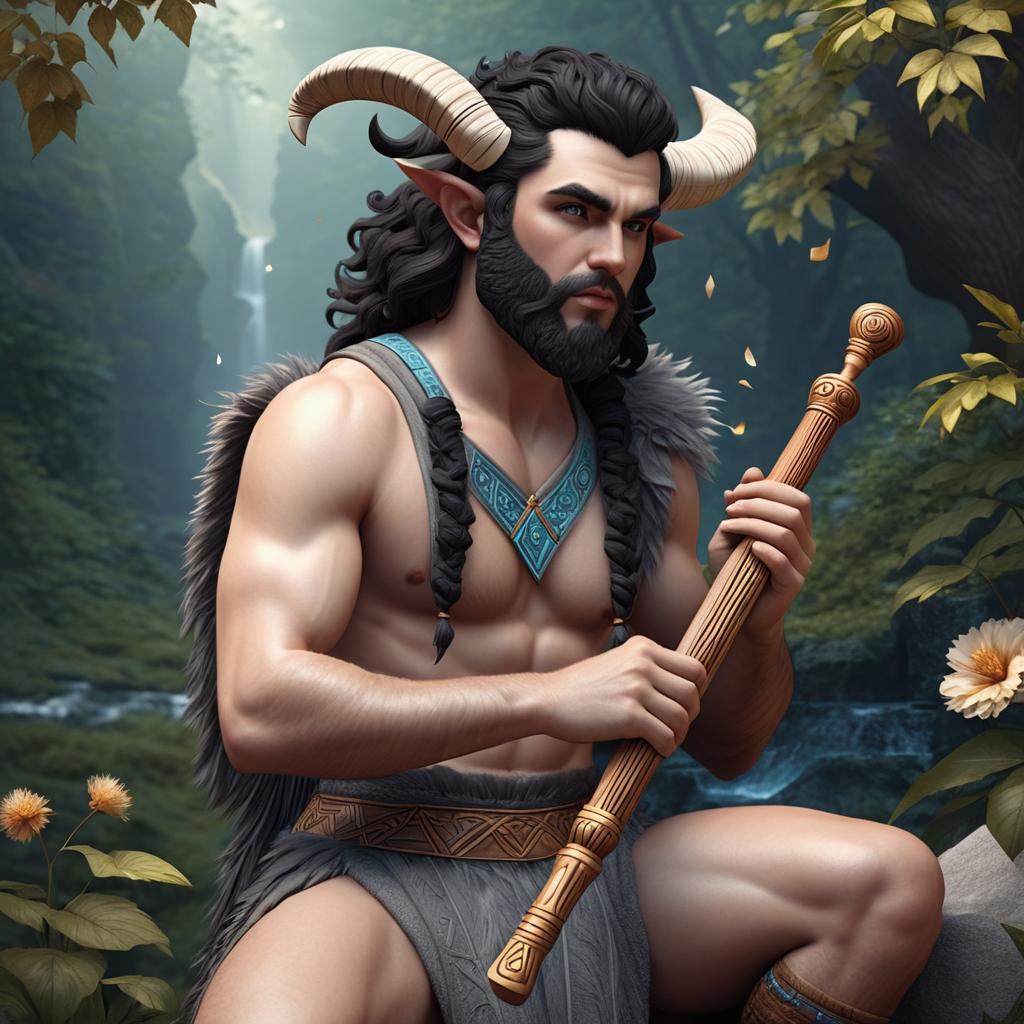  dark haired white skinned charming satyr bard with a mans face that plays the pan flute and wields a magical sword. the satyr appears clean and educated. photo realistic, highly intricate and detailed, masterpiece, ultra high res,photography,8k resolution