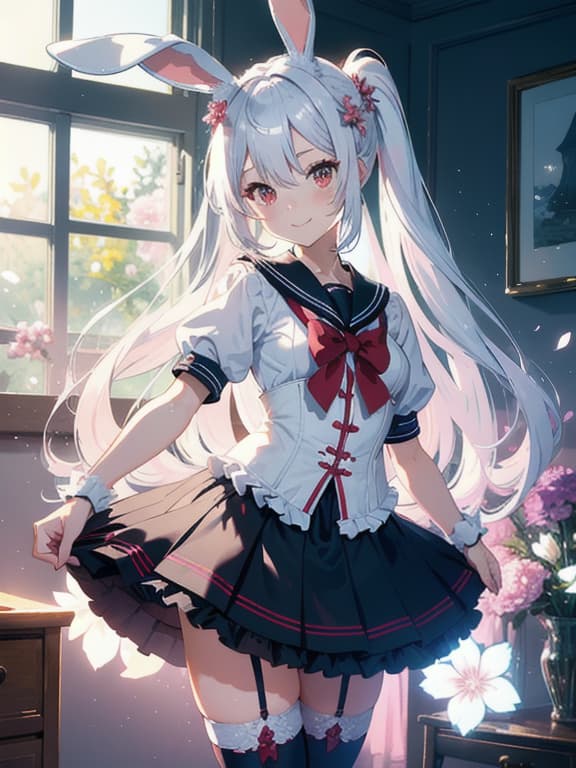  master piece, best quality, ultra detailed, highres, 4k.8k, cute girl with white hair, red eyes, bunny ears, and long hair., posing in a cute manner., smiling., break a cute girl wearing sailor uniform and bunny ears., cute room with dappled sunlight and lens flare., corset, miniskirt, frill, garter belt, pastel flowers., break pastel colors, blurry background, sparkle, powder lights., flare lens, petals scattering in the air., cyberpunkai