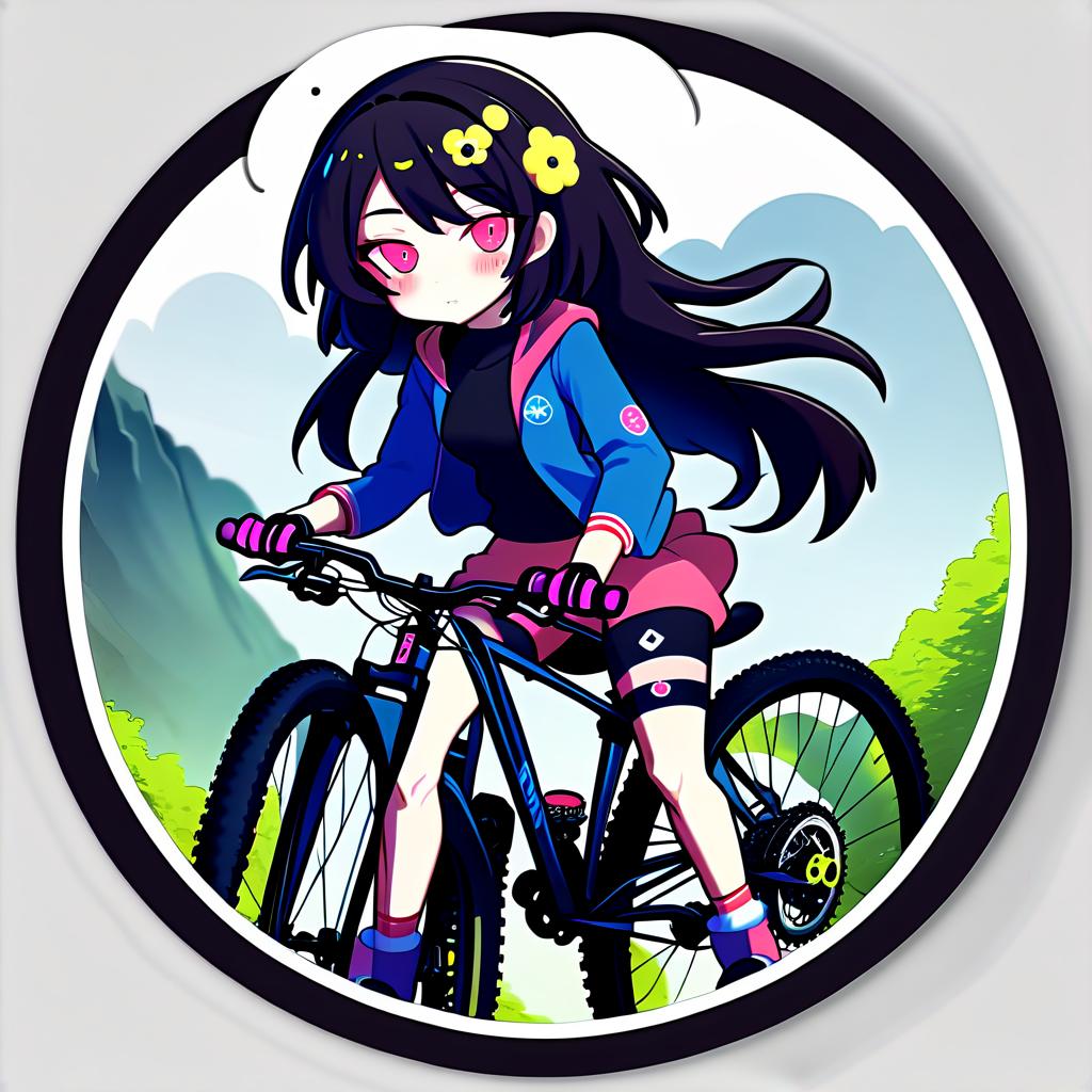  anime girl on a mtb bicycle, round sticker, sticker