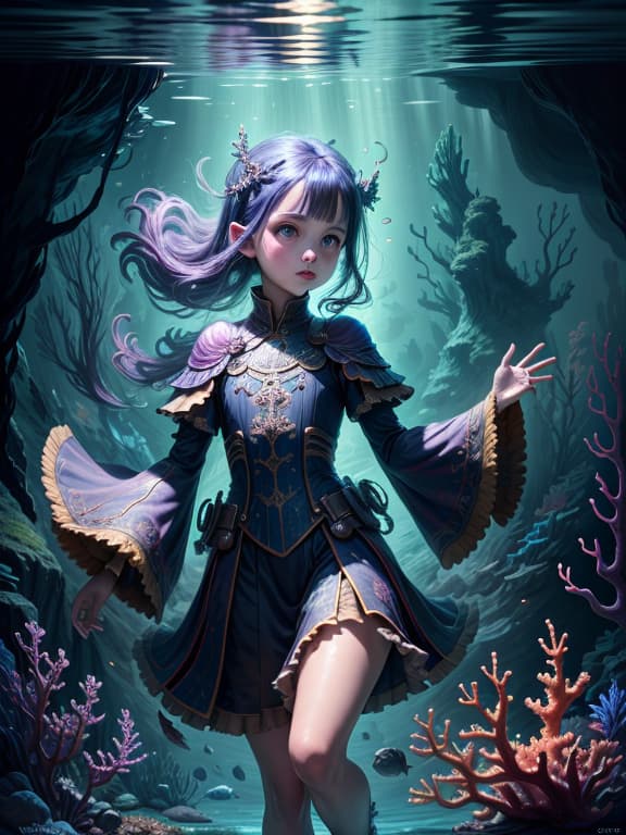  master piece, best quality, ultra detailed, highres, 4k.8k, A old , Exploring the underwater world, swimming, Curious and amazed, BREAK A young 's curiosity leads her to a mysterious underwater adventure., Underwater cave, Seashells, colorful coral, glowing underwater plants, clear water, BREAK Mysterious and enchanting, Shimmering light effects, watery reflections, V0id3nergy