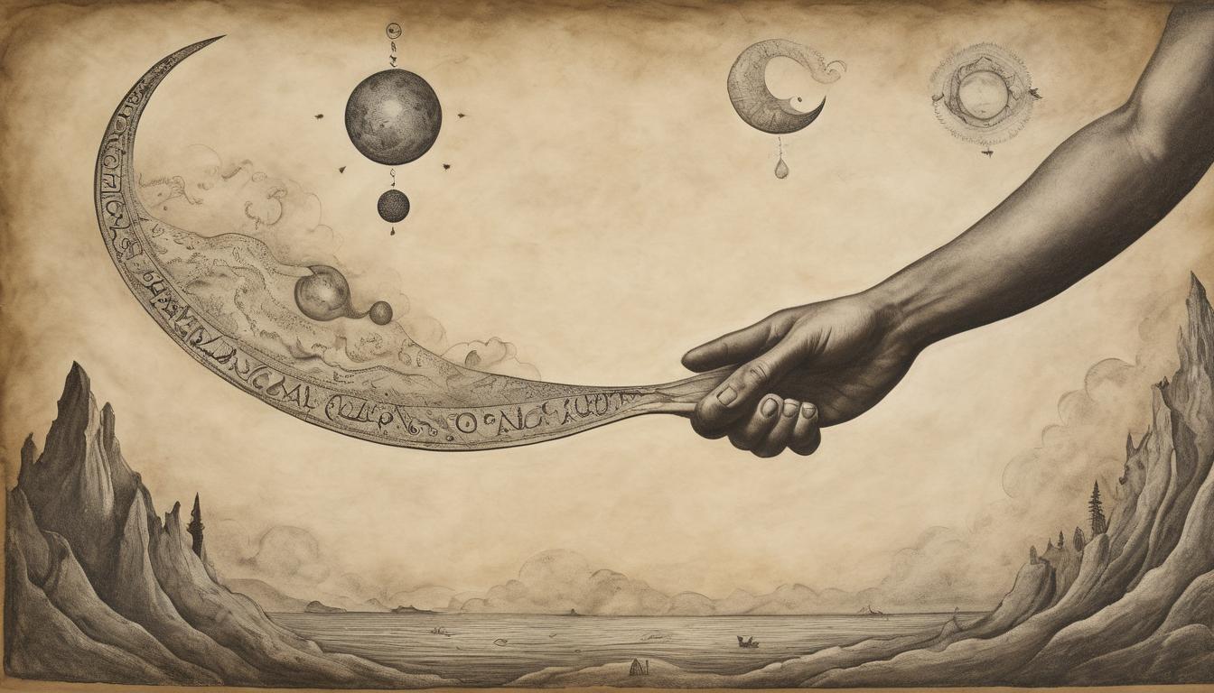  on parchment, surrealism++, hand holding celestial scales, floating cosmic background, reflective, pivotal(mysterious, provocative, symbolic)++