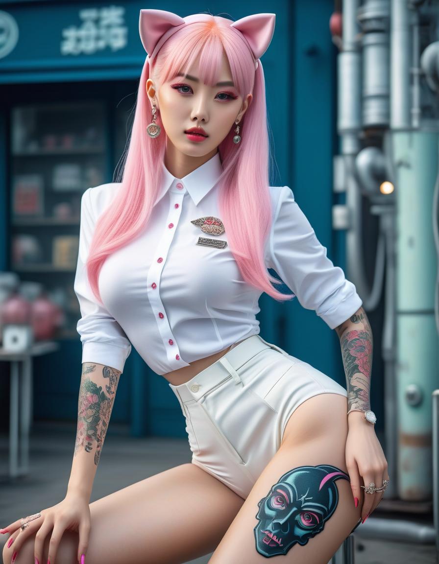  retro futuristic informal korean young , full body, white skin, perfect skin, распущенные волосы,long white hair, pink hair, delicate face, full body, slender legs, high heeled ylons, leg tattoos, round heads, cat ears on her head, build, delicate facial features, tattoo on her face, a lot of piercings on her face, , close , gloss close , tattoos on her arms, tattoos on her , piercing, informal style,show together with the legs , extreme detailing, 8k, realistic, hyperrealisme, masterpiece, digital photo, . vintage sci fi, 50s and 60s style, atomic age, vint, highly detailed, perfecteyes hyperrealistic, full body, detailed clothing, highly detailed, cinematic lighting, stunningly beautiful, intricate, sharp focus, f/1. 8, 85mm, (centered image composition), (professionally color graded), ((bright soft diffused light)), volumetric fog, trending on instagram, trending on tumblr, HDR 4K, 8K