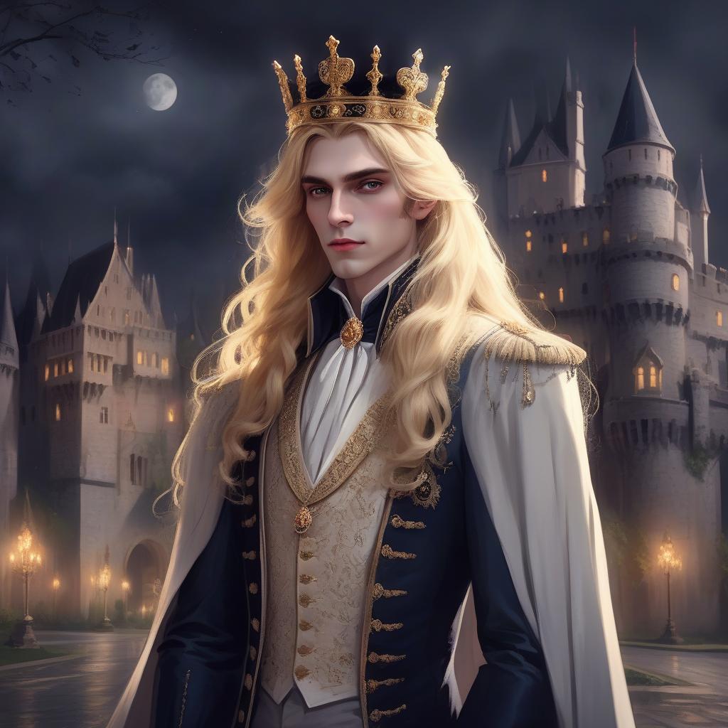  concept art young vampire aristocrat with long blonde hair rich clothes and a crown on his head, night, near the castle, aesthetics of beauty and grandeur . digital artwork, illustrative, painterly, matte painting, highly detailed