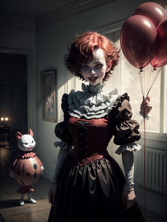  master piece, best quality, ultra detailed, highres, 4k.8k, pennywise the clown, lurking in the shadows, holding a menacing red balloon, sinister grin, break fear and mystery surrounding the infamous pennywise., abandoned circus tent, red balloon, vintage circus props, eerie lighting, and unsettling shadows, break eerie and chilling, dark and ominous presence, dramatic lighting,