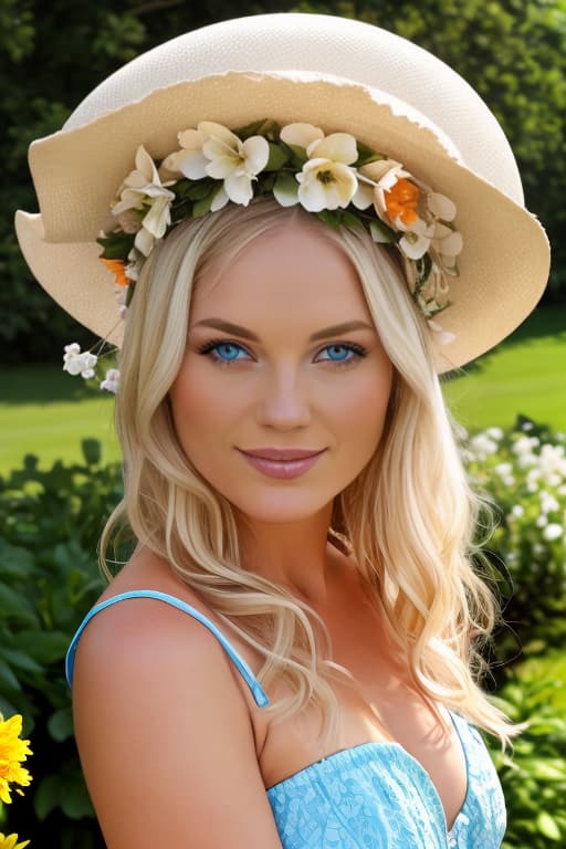  Lady with floral headdress, blonde hair, blue eyes, seductive attire, garden, sunny day, realistic texture
