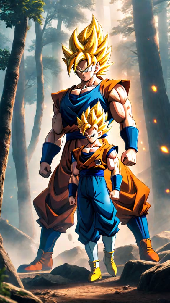  anime art: goku and vegeta's ancestors training in a hidden saiyan realm with unimaginable power. hyperrealistic, full body, detailed clothing, highly detailed, cinematic lighting, stunningly beautiful, intricate, sharp focus, f/1. 8, 85mm, (centered image composition), (professionally color graded), ((bright soft diffused light)), volumetric fog, trending on instagram, trending on tumblr, HDR 4K, 8K