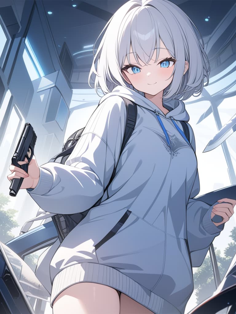  white hair, short bob, blue eyes, energy, boy, hoodie, large hoodie, handgun, smile, knife, masterpiece, best quality,8k,ultra detailed,high resolution,an extremely delicate and beautiful,hyper detail