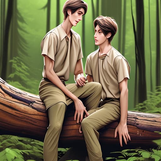  Two boys , one tall and skinny with brown hair, and one tall and built with brown hair, sitting on a log in the forest