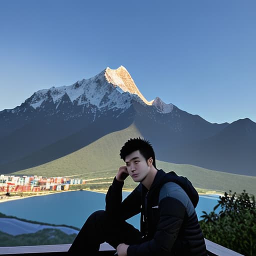  the silhouette of an adult chinese male sitting on a professional dslr camera, facing towering mountains, with a high definition 3d realistic scene.