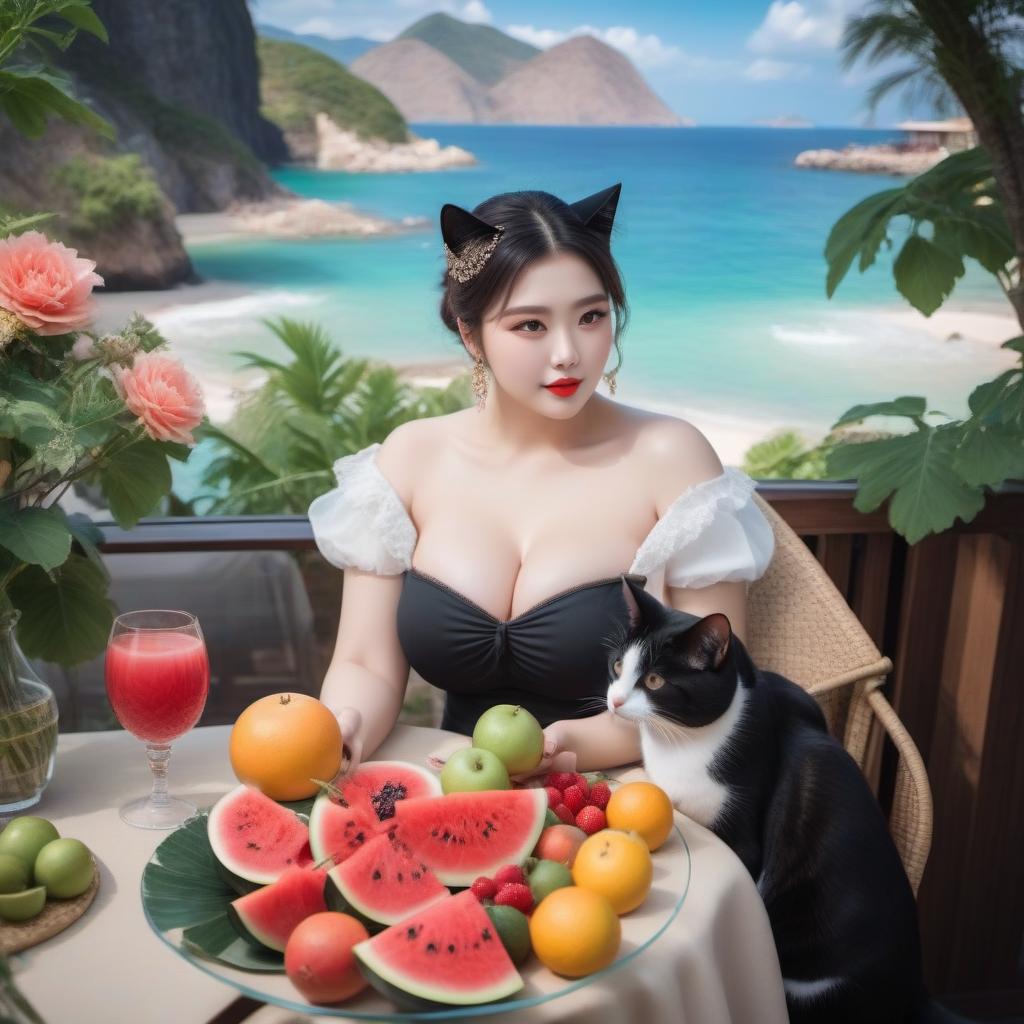  A fat woman is sitting And holding a cup There is a cat nearby There is a watermelon and fruits on the table hyperrealistic, full body, detailed clothing, highly detailed, cinematic lighting, stunningly beautiful, intricate, sharp focus, f/1. 8, 85mm, (centered image composition), (professionally color graded), ((bright soft diffused light)), volumetric fog, trending on instagram, trending on tumblr, HDR 4K, 8K