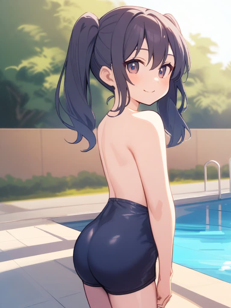  women's elementary students (male), twin tails, cute smiles, (rich s), low stature, dark blue swimwear, old swimwear, swimwear, simple (upward), male , (bulge), front, whole body, pool, pool. side,