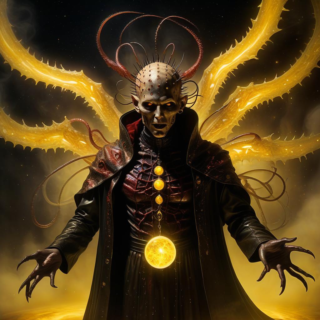  space themed demon (hellraiser) vampire thin creature in the priest's robe in a sticky shiny slime bent into the fog and light of yellow lights smoke red sparks spindle spikes horror tentacles lovecraft necronomicon and rings slime wings . cosmic, celestial, stars, galaxies, nebulas, planets, science fiction, highly detailed